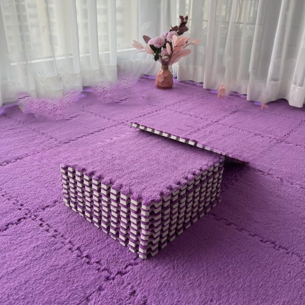Interlocking Plush Foam Floor Mat, Cuttable Jigsaw Carpet Tiles, Thickened Anti-Slip Flannel Flooring for Nursery Bedroom Living Room, Safe for Babies and Pets(_DEEP PURPLE)