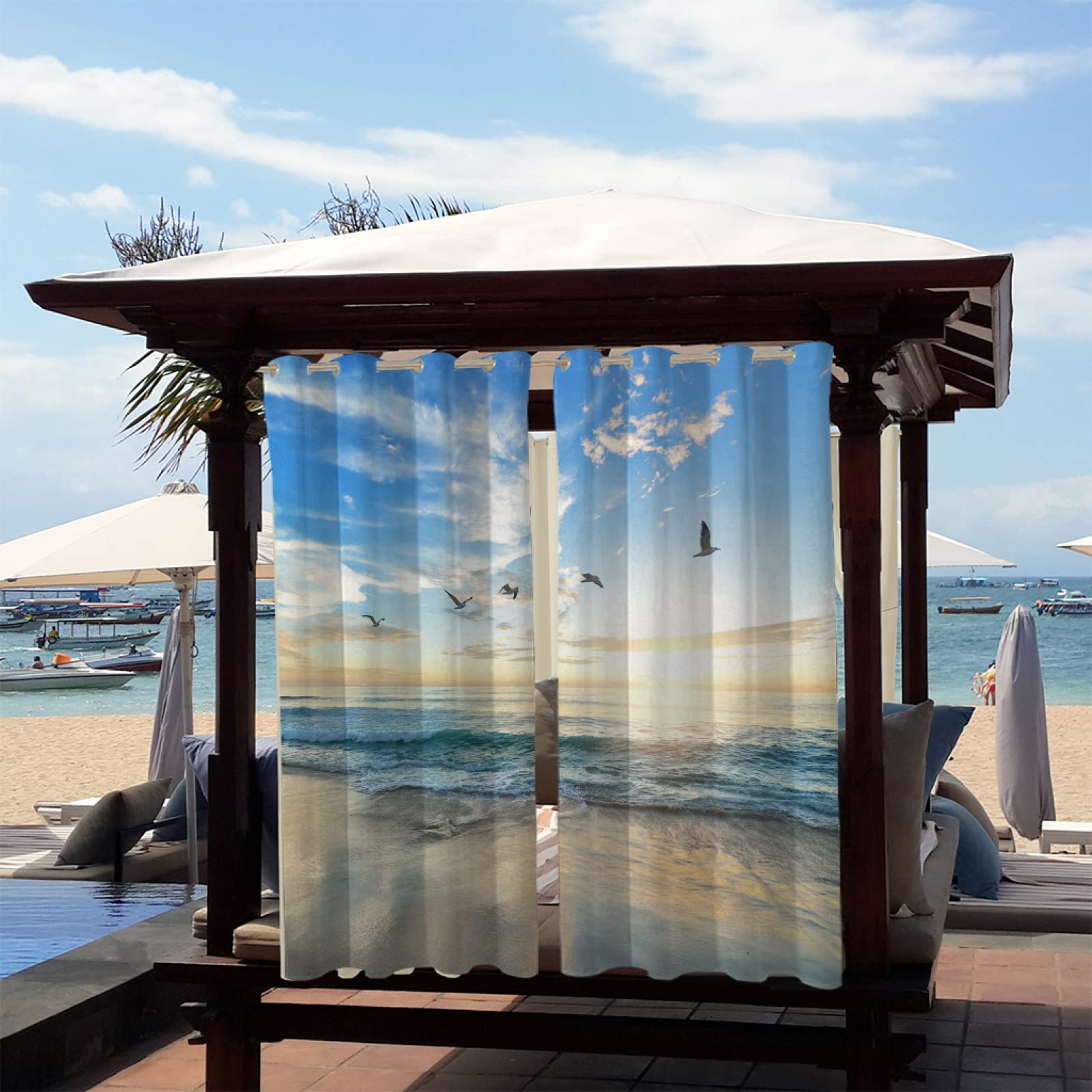 Outdoor Vorhang Wetterfest 2 Stück B132 x H213cm Atemberaubender Meerblick 3D Gedruckt Outdoor Vorhänge Wasserdicht mit Ösen, Outdoor Gardinen Sichtschutz für Balkon Terrasse Veranda Pergola