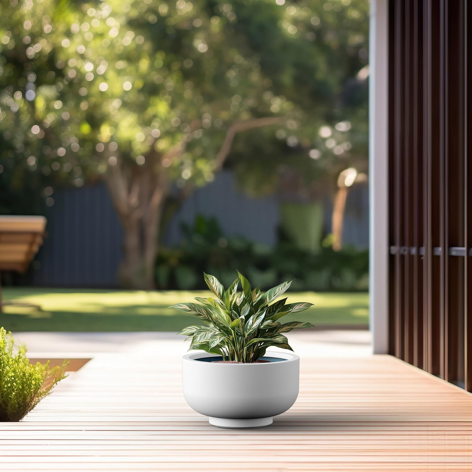 Kante 13.8 Inch Dia Concrete Bowl Planter, Large Tapered Bottom Plant Pot with Drainage, Smooth White Finish with Painted Interior, Ideal for Porch, Home, Garden, Patio