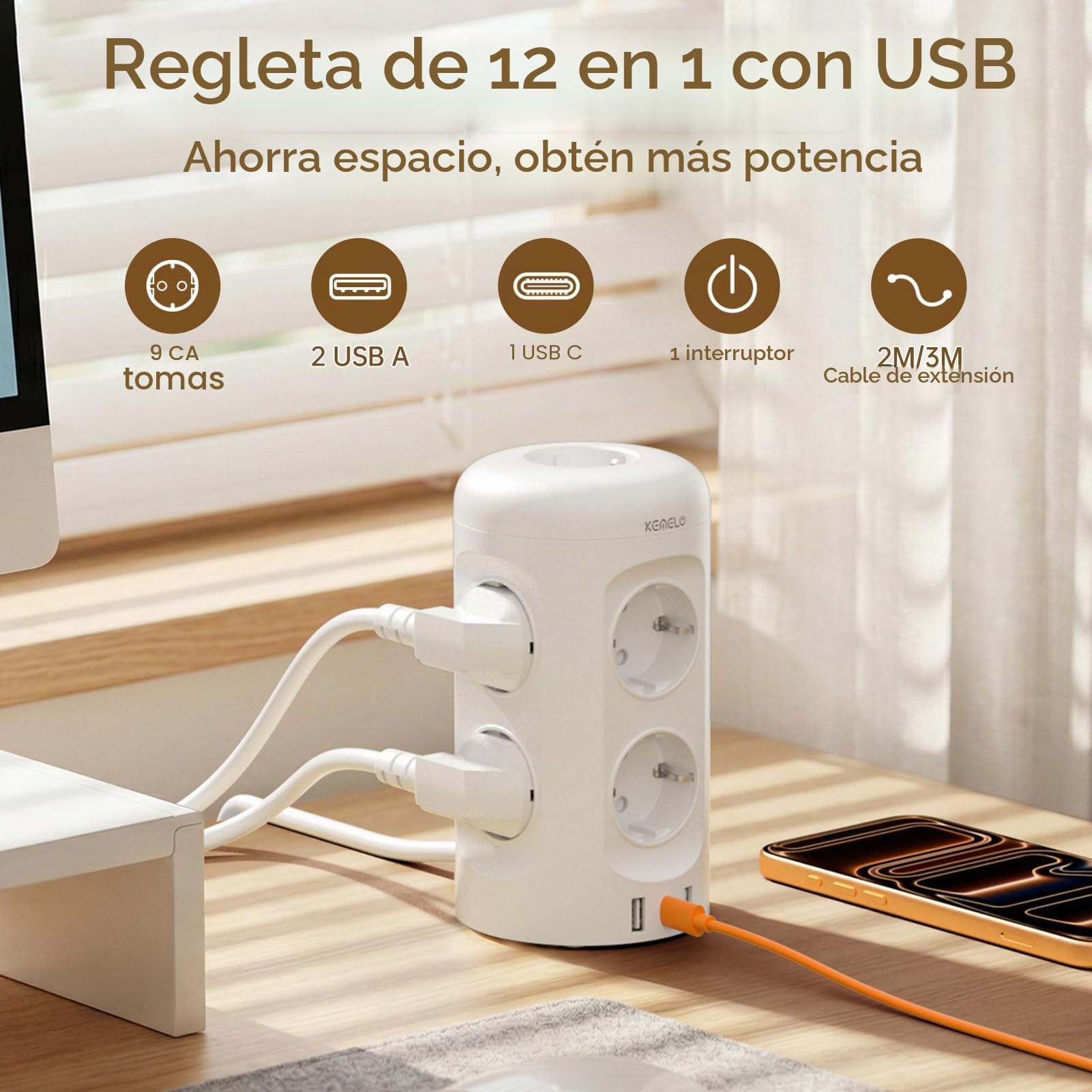 Regleta Enchufes con USB C, 12 en 1 Enchufe Multiple (9 AC y 3 USB), 3680W/16A, Regleta Enchufes Proteccion Sobretension, 2M Torre Enchufes Vertical con Interruptor para Mesa, Oficia, Casa, Blanco