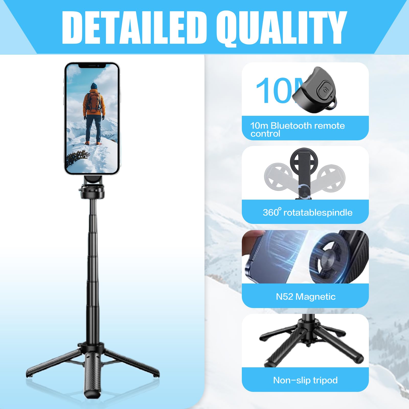 Chiavetta per selfie multifunzione 4 in 1 con rotazione a 360°, bastone per selfie magnetico, mini treppiede con telecomando senza fili, supporto per cellulare per iPhoneAndroid