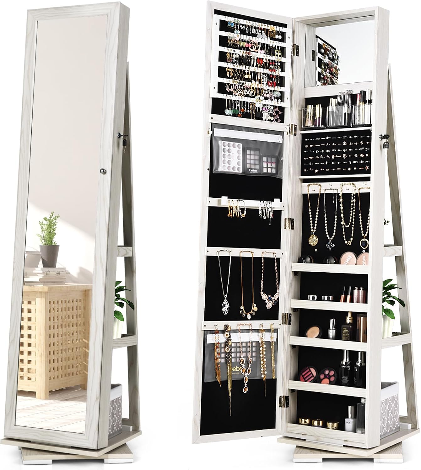 LOKO 360° Rotating Jewelry Armoire, Freestanding Jewelry Cabinet with Inside Makeup Mirror, 2-in-1 Lockable Jewelry Organizer w/Full-Length Mirror for Women (Grayish White)