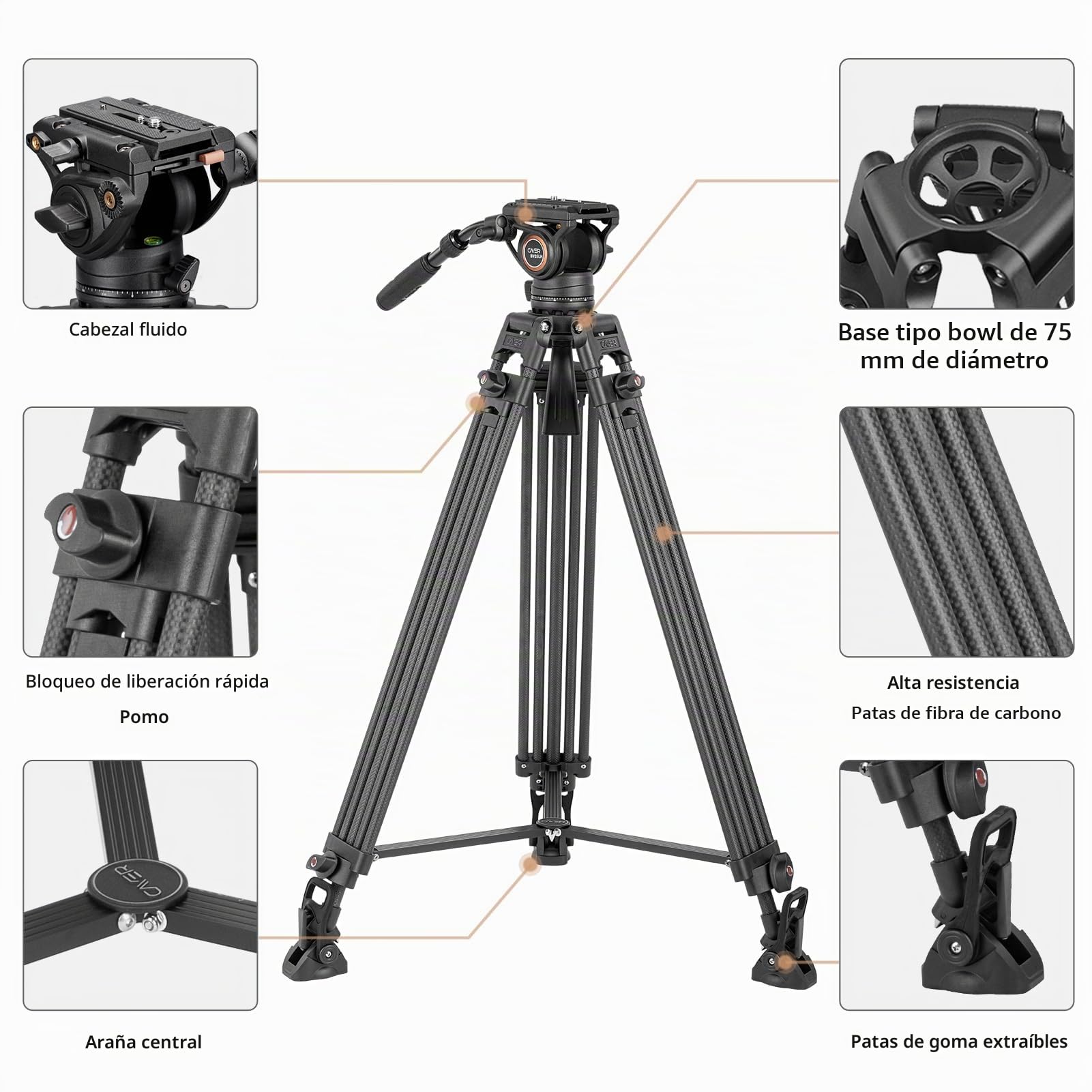 Cayer Sistema de trípode de Video BV25LH, Kit de trípode de cámara Profesional Resistente de Fibra de Carbono de 74 Pulgadas, Carga máxima de 13,2 LB