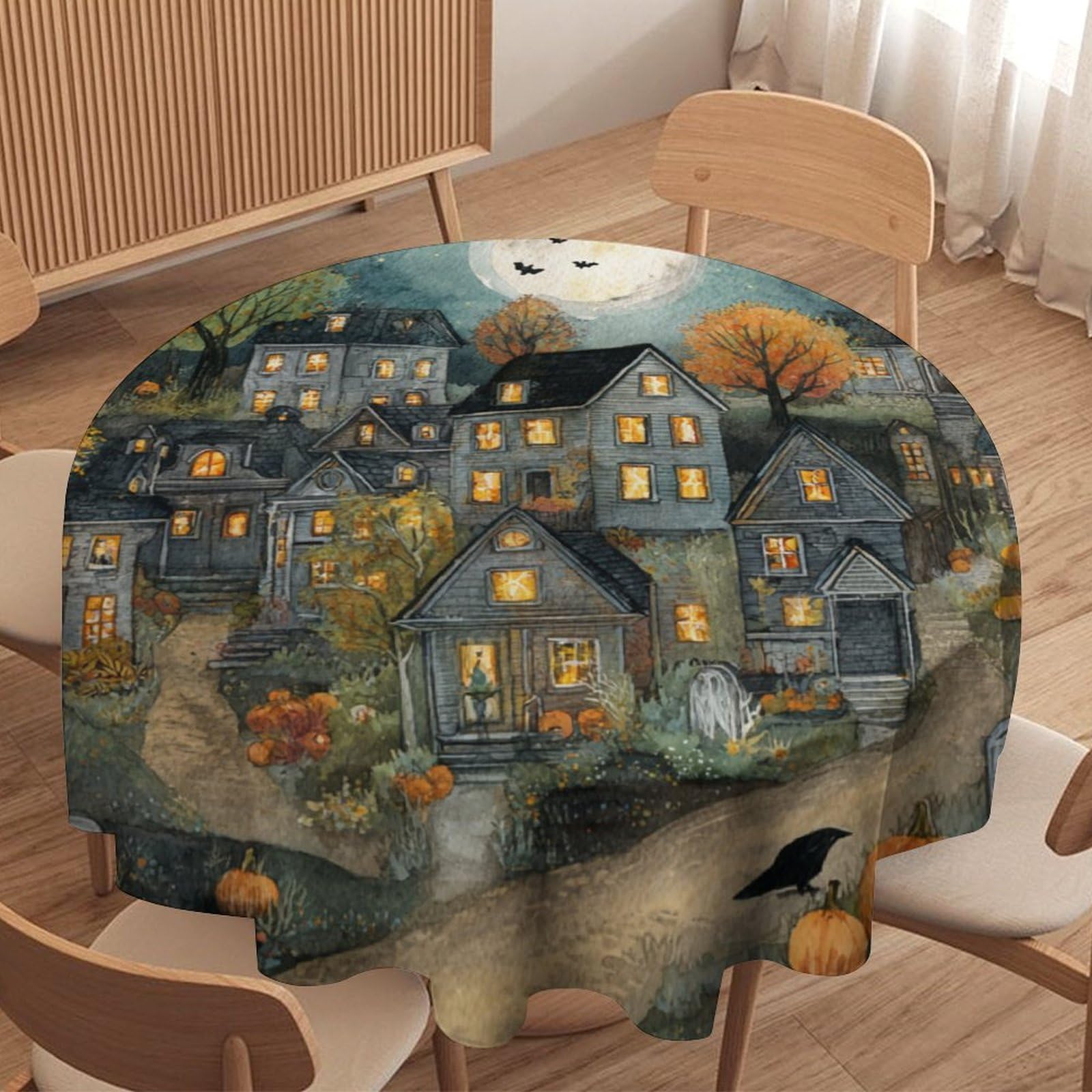 LUYYSKY Beautiful Abstract Halloween Night Round Tablecloth Gothic Watercolor Full Moon Animal Crows Bat Ghost Pumpkins Washable Decor for Table Cover for Kitchen-127 Wx127 L cm