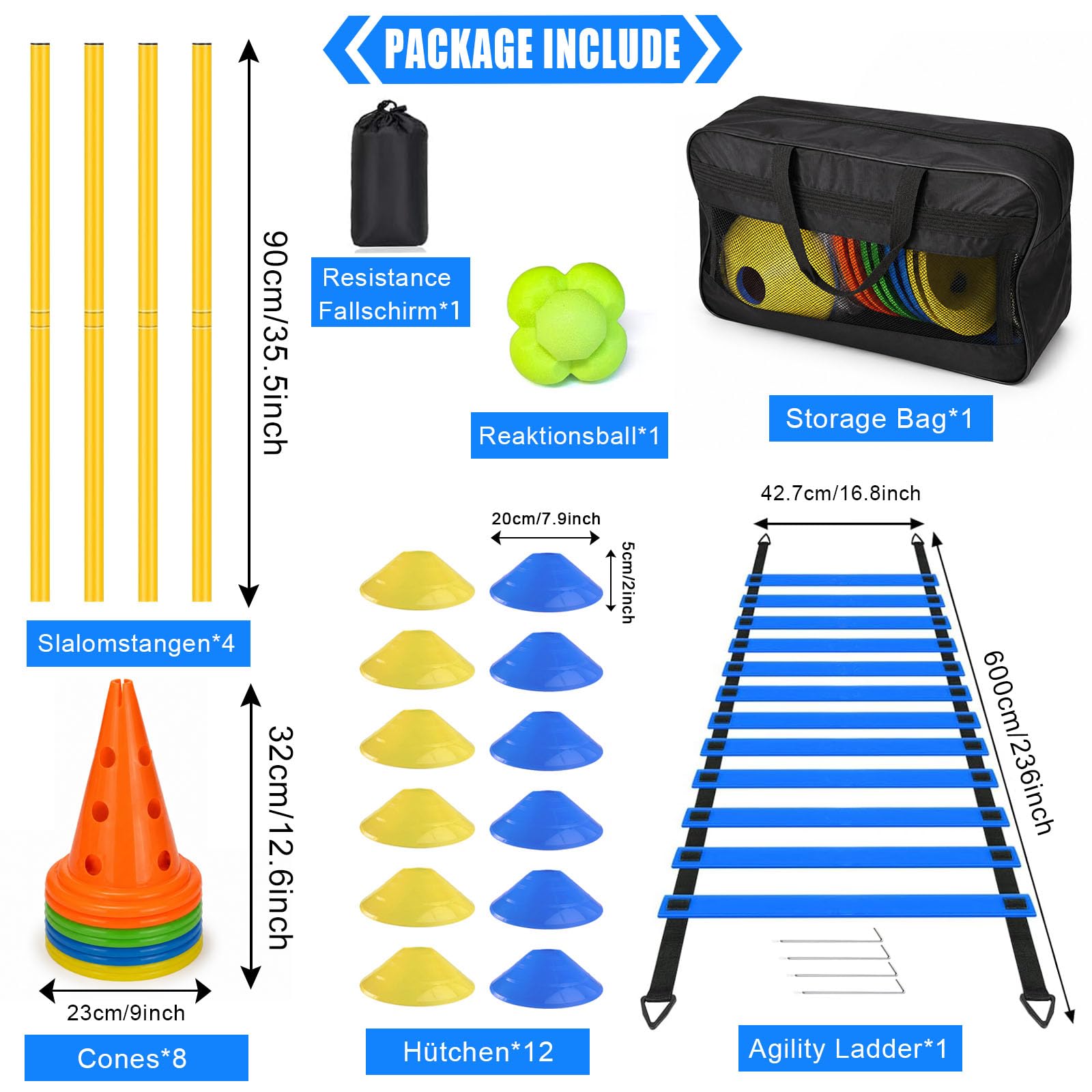 Accessori per allenamento da calcio, scala di coordinazione da 6 m con 12 coni, 4 ostacoli con 8 coni + 4 barre, palla di reazione, paracadute di resistenza, aste per slalom, set per
