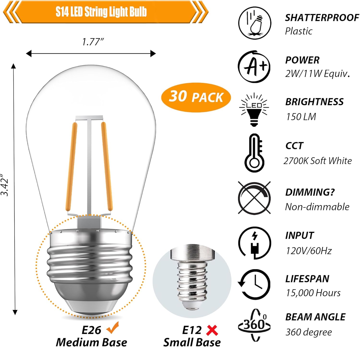 Replacement Bulbs for String Lights, 2W S14 Shatterproof Outdoor LED Light Bulbs, 2700K Soft White, E26 Base, AC120V, Not Dimmable, 30 Pack