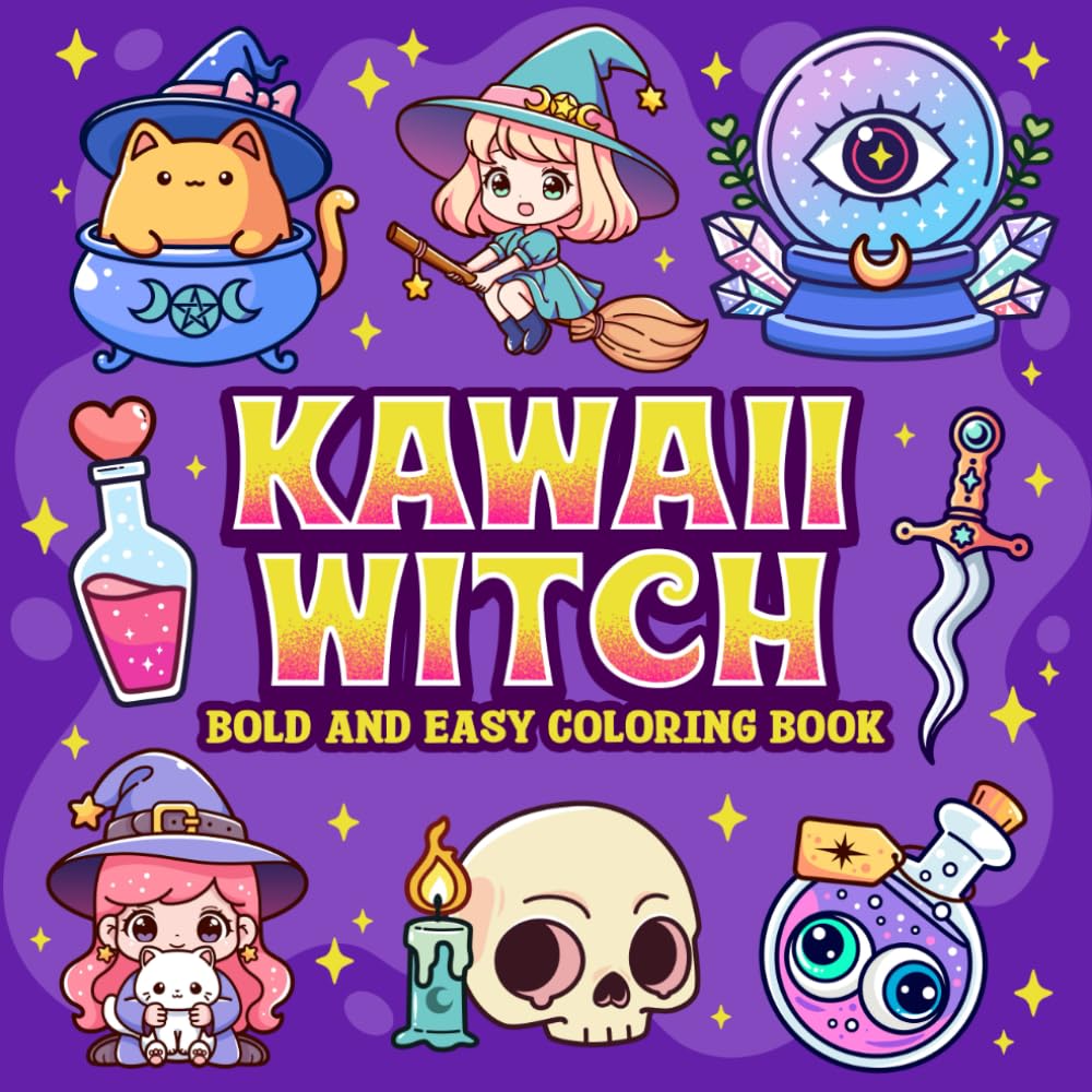 Kawaii Witch Bold and Easy Coloring Book: Simple Cute and Creepy Wicca Witchcraft Spooky Coloring for Adult and Kids