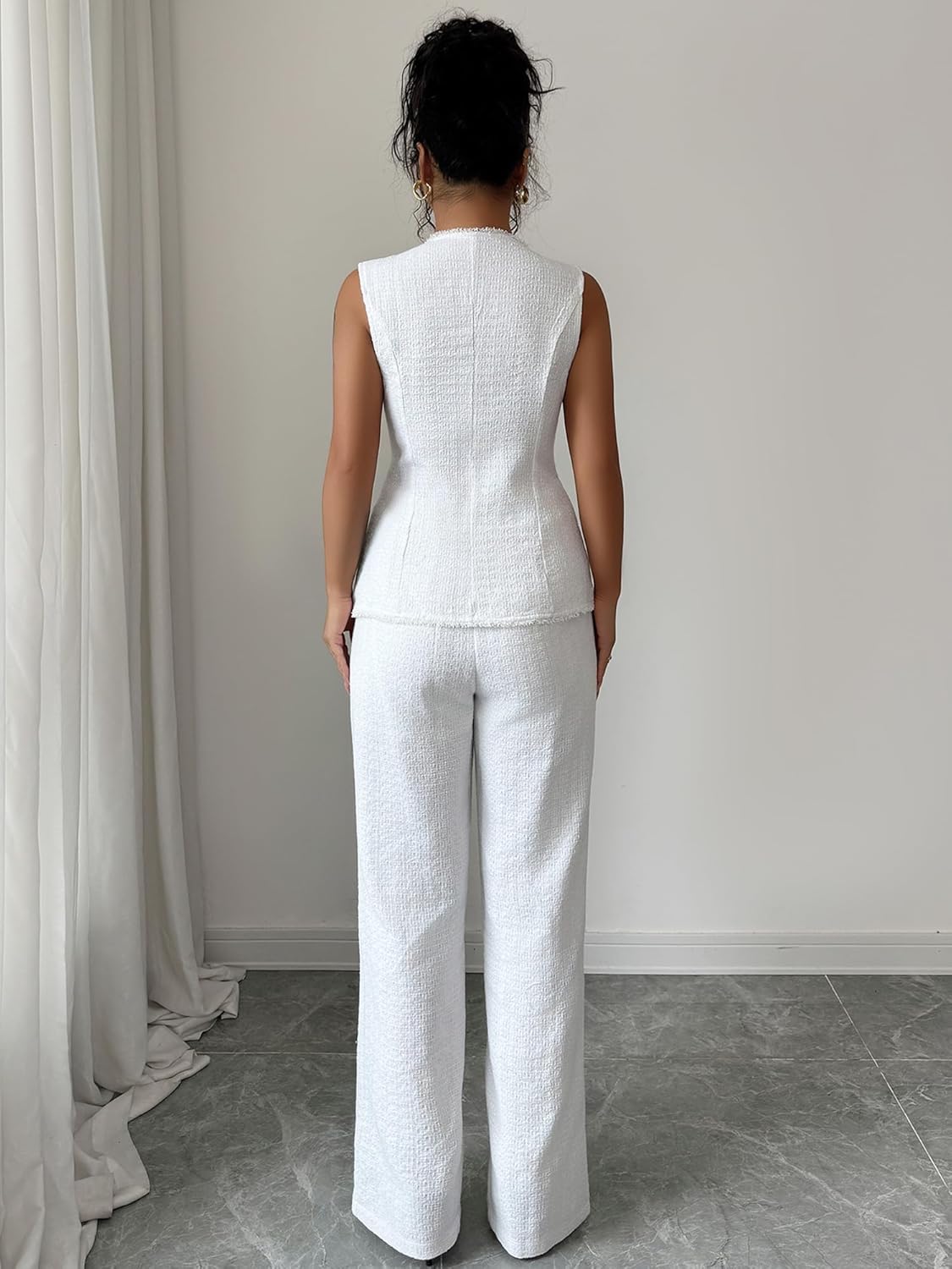 Womens 2 Piece Tracksuit Tweed Blazer Pant Set Square Neck Vest Top and High Waisted Trouser Office Work Suits