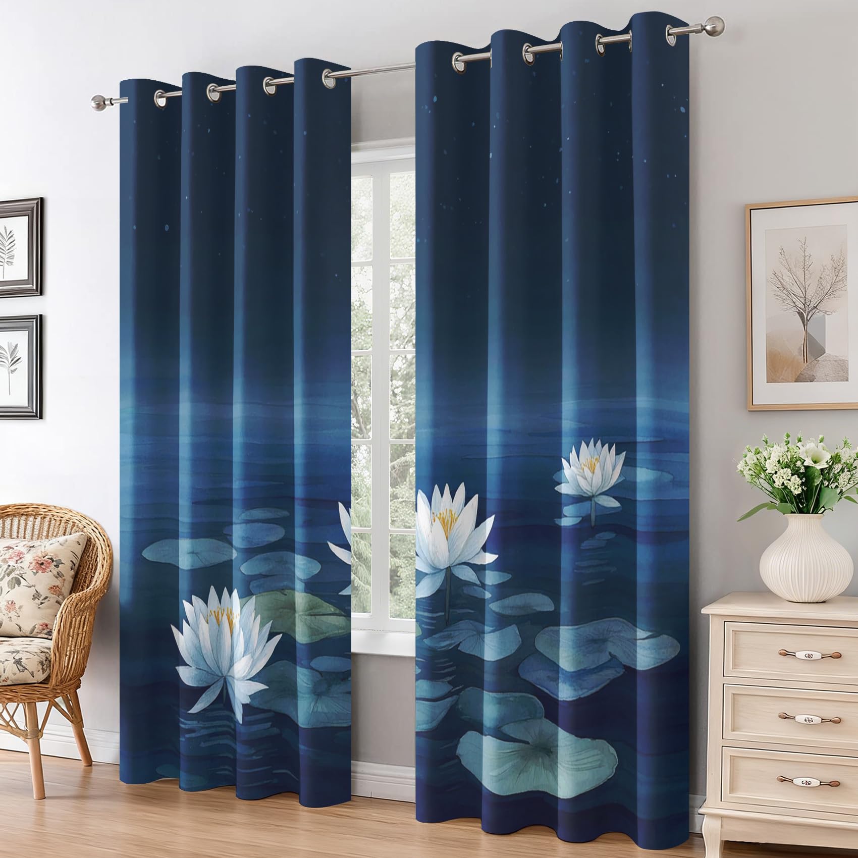 Lotus Flower Blackout Curtains for Bedroom Living Room, Water Lily Curtains Eyelet 84 Drop Home Decor, Patterned Window Drapes, 52x84 Inch 2 Panels B-D109