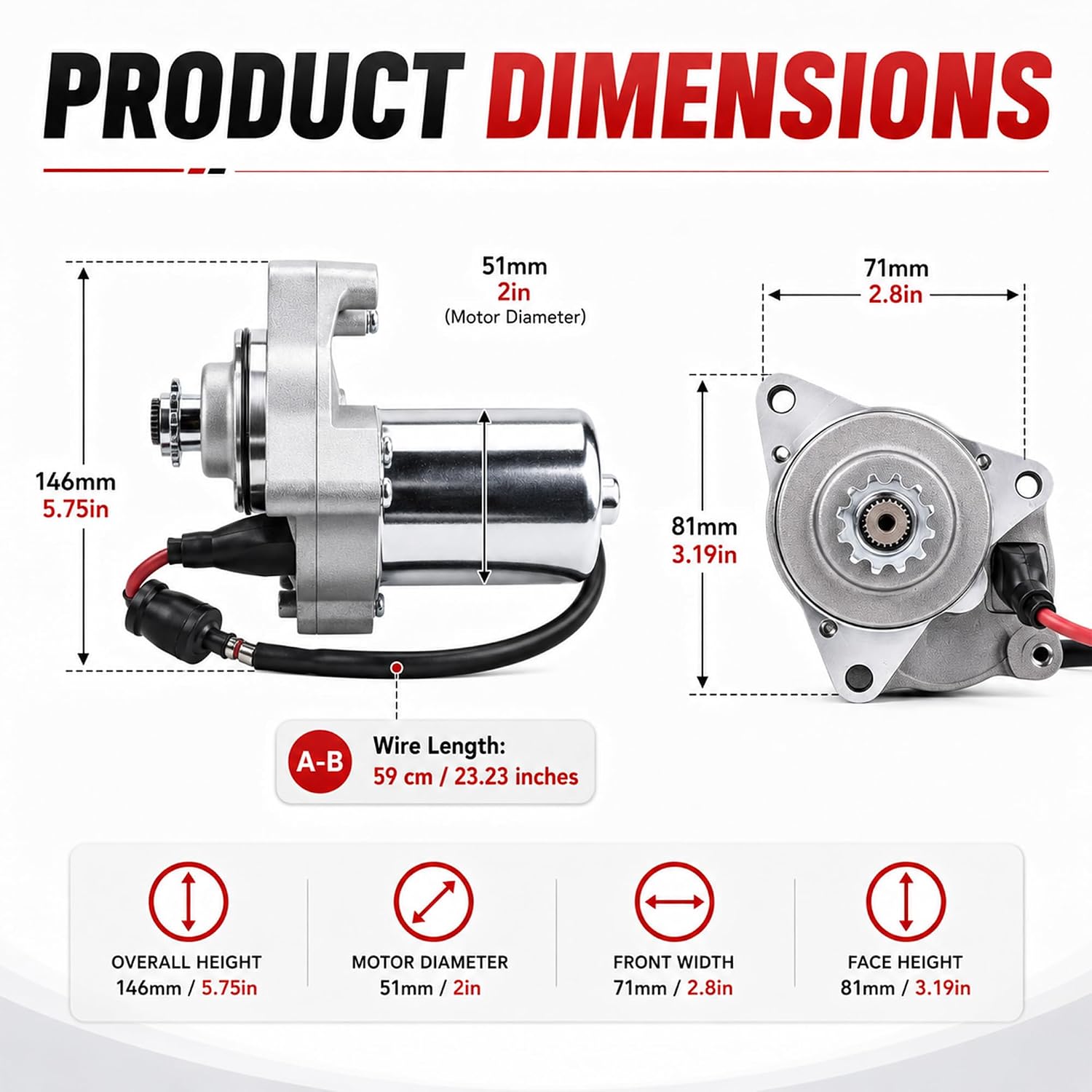 3 Bolt Starter Motor with Line for 50cc 70 cc 90cc 100cc 110cc 125cc 4 Stroke Quad Wheelers ATVs Taotao SSR Roketa Go Karts Pit Bike Jonway SunL Dune Buggy Sandrail Coolster