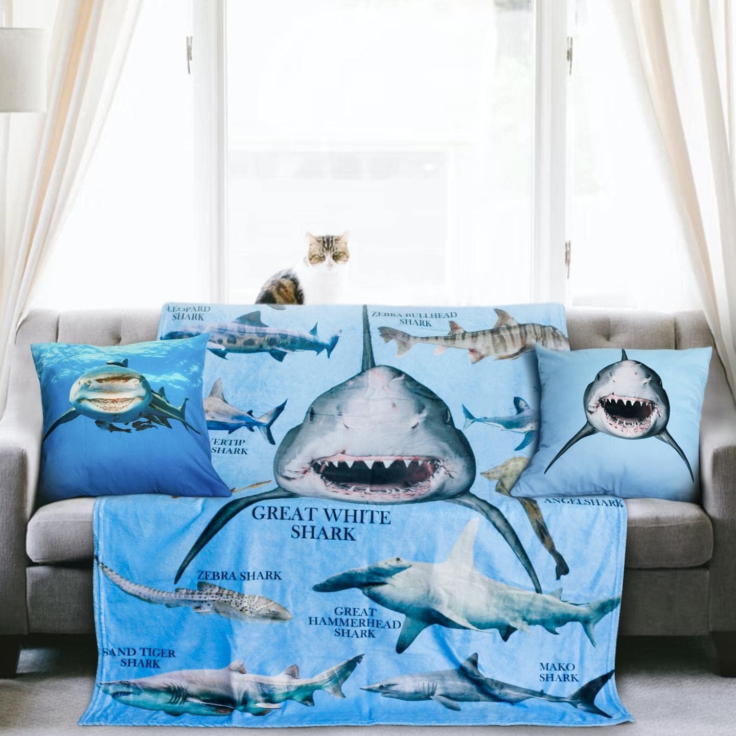 Shark Blanket for Boys Kids Girls Baby Adult Shark Gifts for Shark Lovers Super Soft Fleece Throw Blanket with 2 Throw Pillow Covers for Bed Sofa Travel