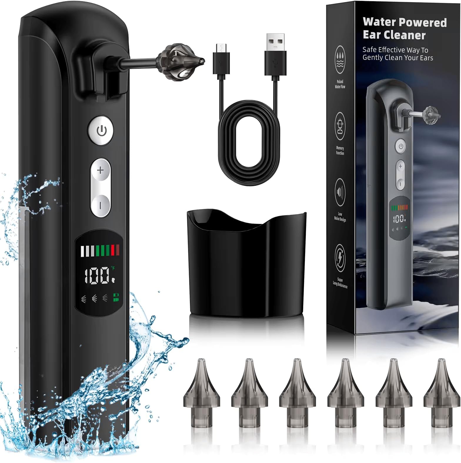 Water Ear Wax Removal Kit - Electric Ear Cleaner with LED Display, Ear Irrigation Kit Tool for Adults & Kids - Clear Wax Ear Built Up, 8 Pressure Settings & 6 Tips