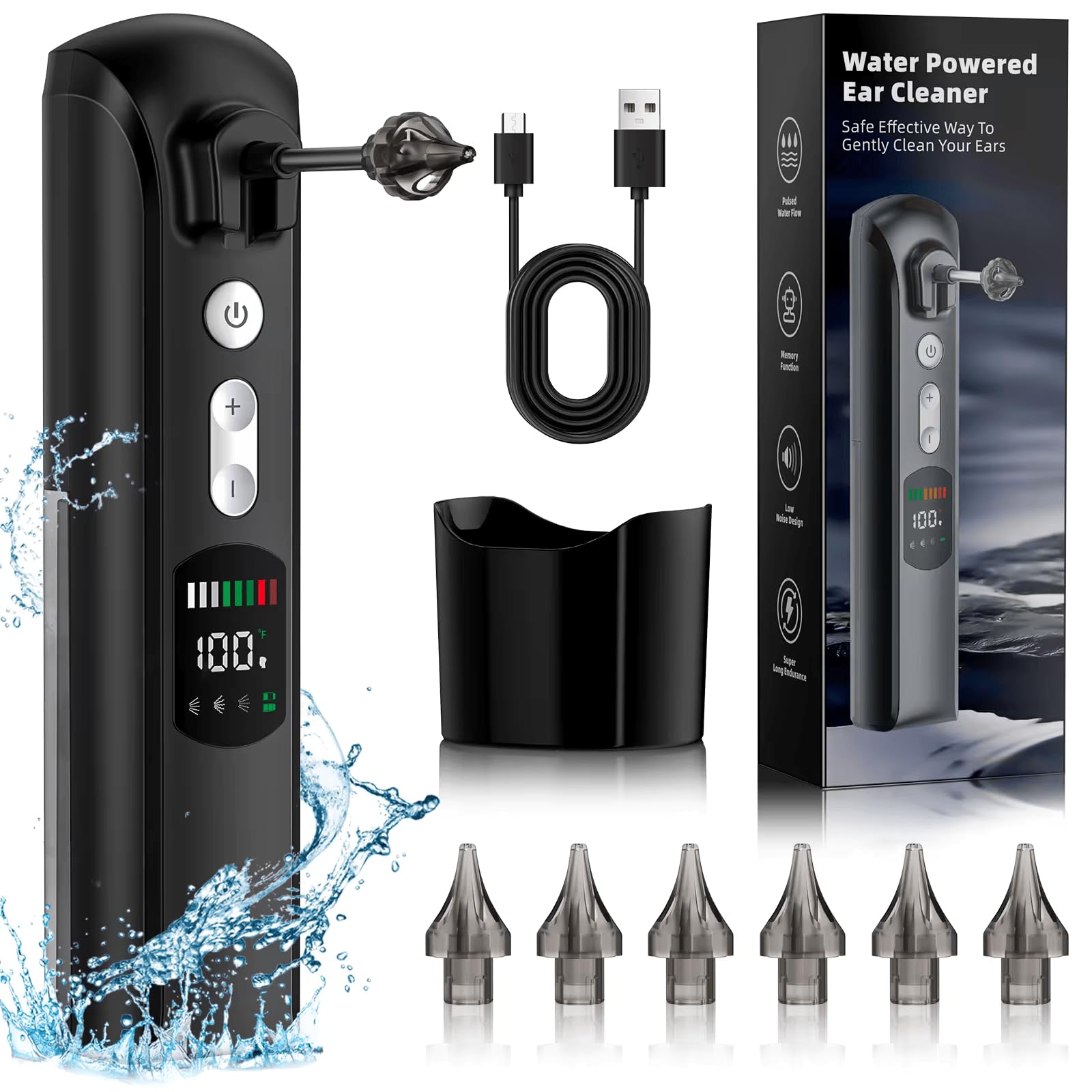 Water Ear Wax Removal Kit - Electric Ear Cleaner with LED Display, Ear Irrigation Kit Tool for Adults & Kids - Clear Wax Ear Built Up, 8 Pressure Settings & 6 Tips