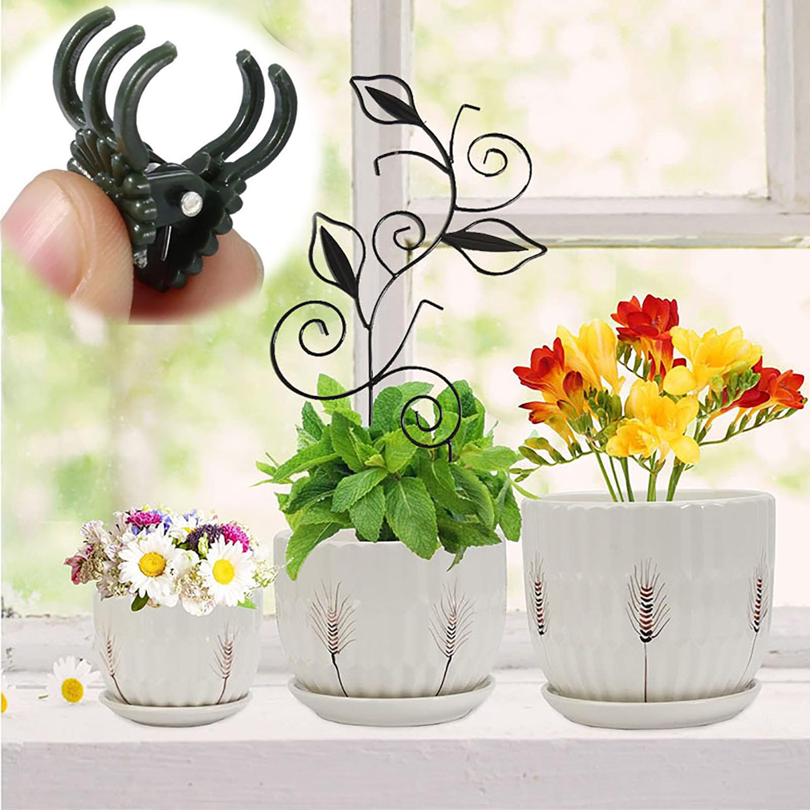 Dekoratives Metall-Pflanzenspalier für Topfpflanzen im Innenbereich - Blattform Ranken-Stützpfähle mit 6 Pflanzenclips, Schwarz/Grün/Gold, Gartenspalier für Kletterpflanzen, Reben (Schwarz + Grün +