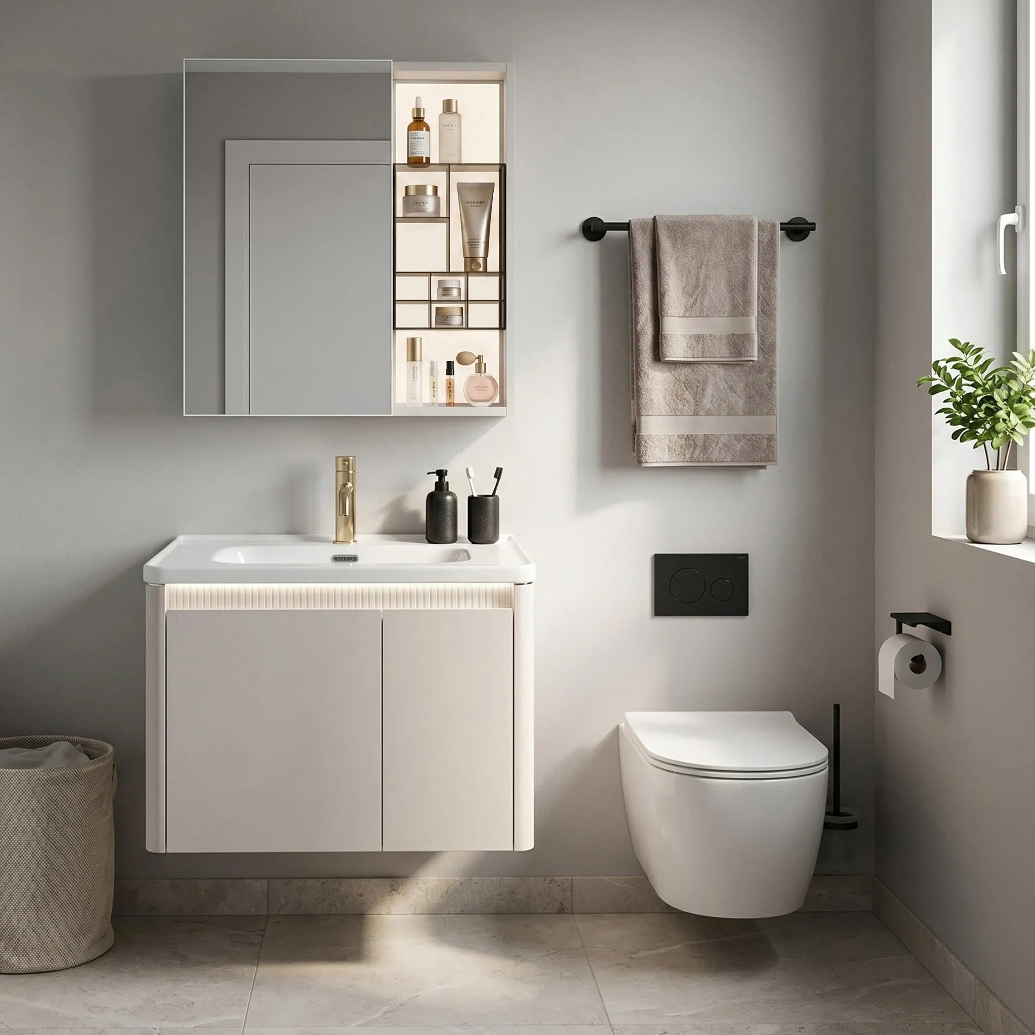 Rea - Zestaw Mebli Łazienkowych Z Umywalką De07-60 Beige 60cm - 51x60,5x48,5 cm