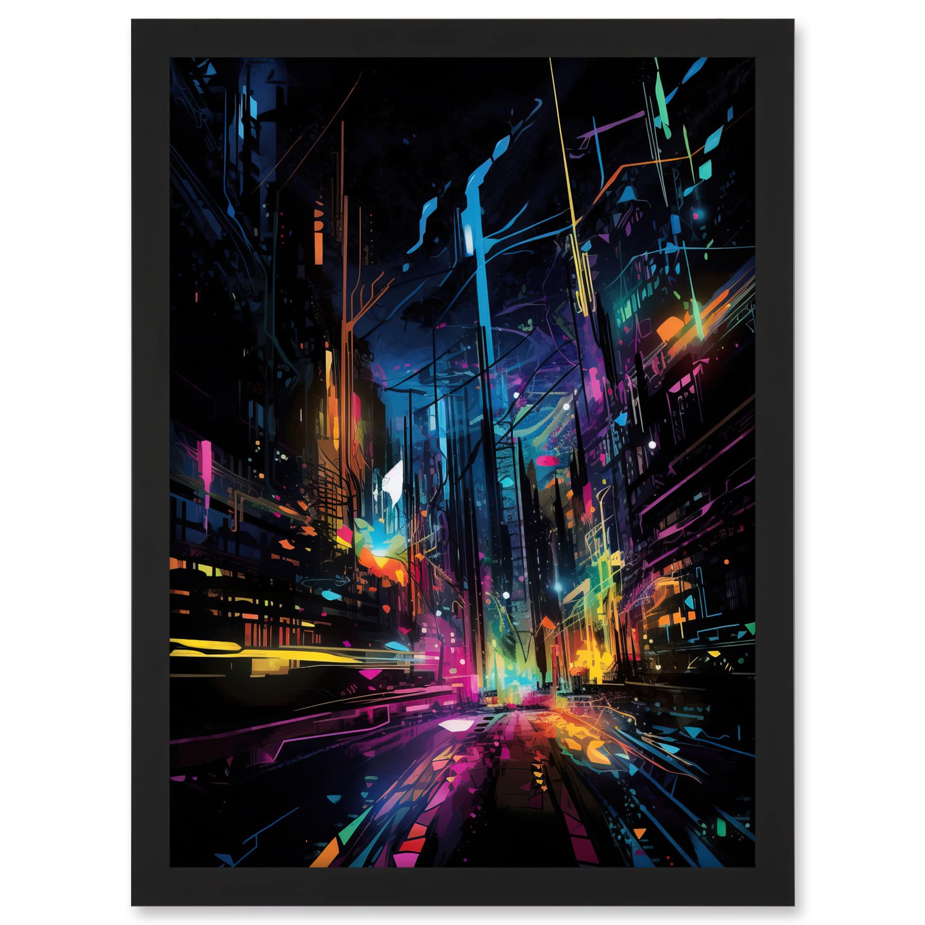 Artery8 New York City at Night Modern Abstract Neon Contrast Painting Artwork Framed A3 Wall Art Print
