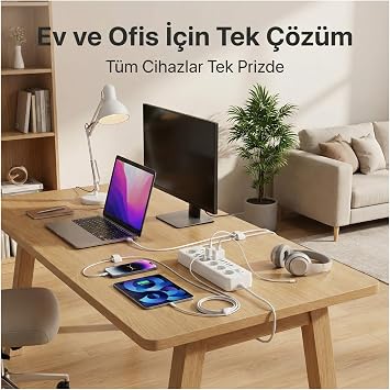 Akım Korumalı Çoklu Priz, 5 Adet USB ve Type-C Girişi, 5 Adet Priz Girişi, 3000W Termal Akım Korumalı, 1.8M Kablo Uzunluğu, Hızlı Şarj Destekli, Tüm Elektronik Cihazlar İle Uyumlu Çoklu Şarj İstasyonu
