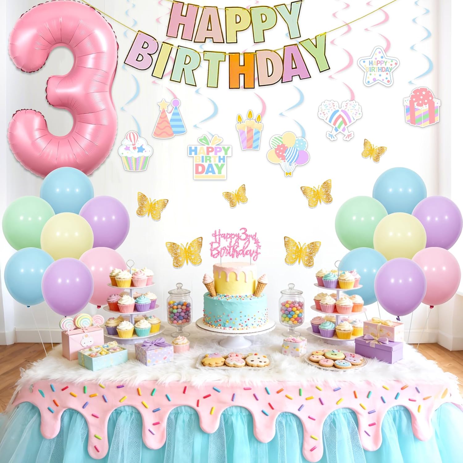 Pastel 3rd Birthday Party Decorations for Girl, Rainbow 3rd Birthday Party Supplies with Banner, Crown, Sash, Balloon Set and Pink Glitter Cake Topper, Photo Booth Background Decor