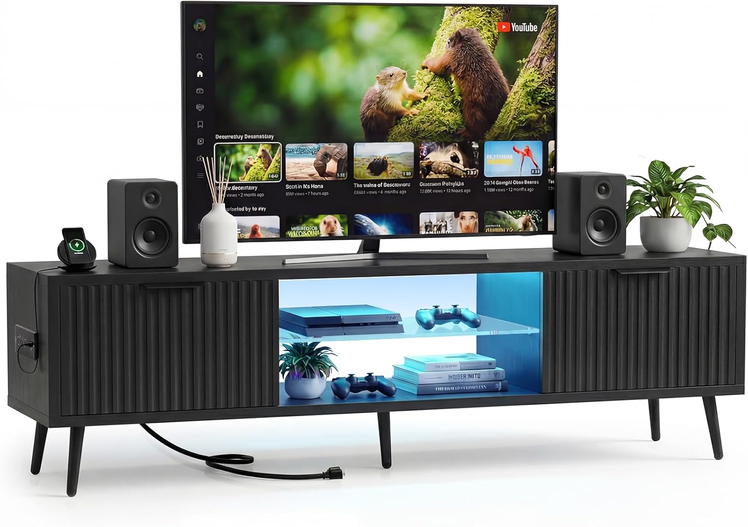 Foxemart Black TV Stand Media Console Table for 30 32 40 43 50 55 60 Inch TV, Modern Entertainment Center with Power Outlet & RGB LED Lights, Adjustable Glass Shelves for Living Room Game Room
