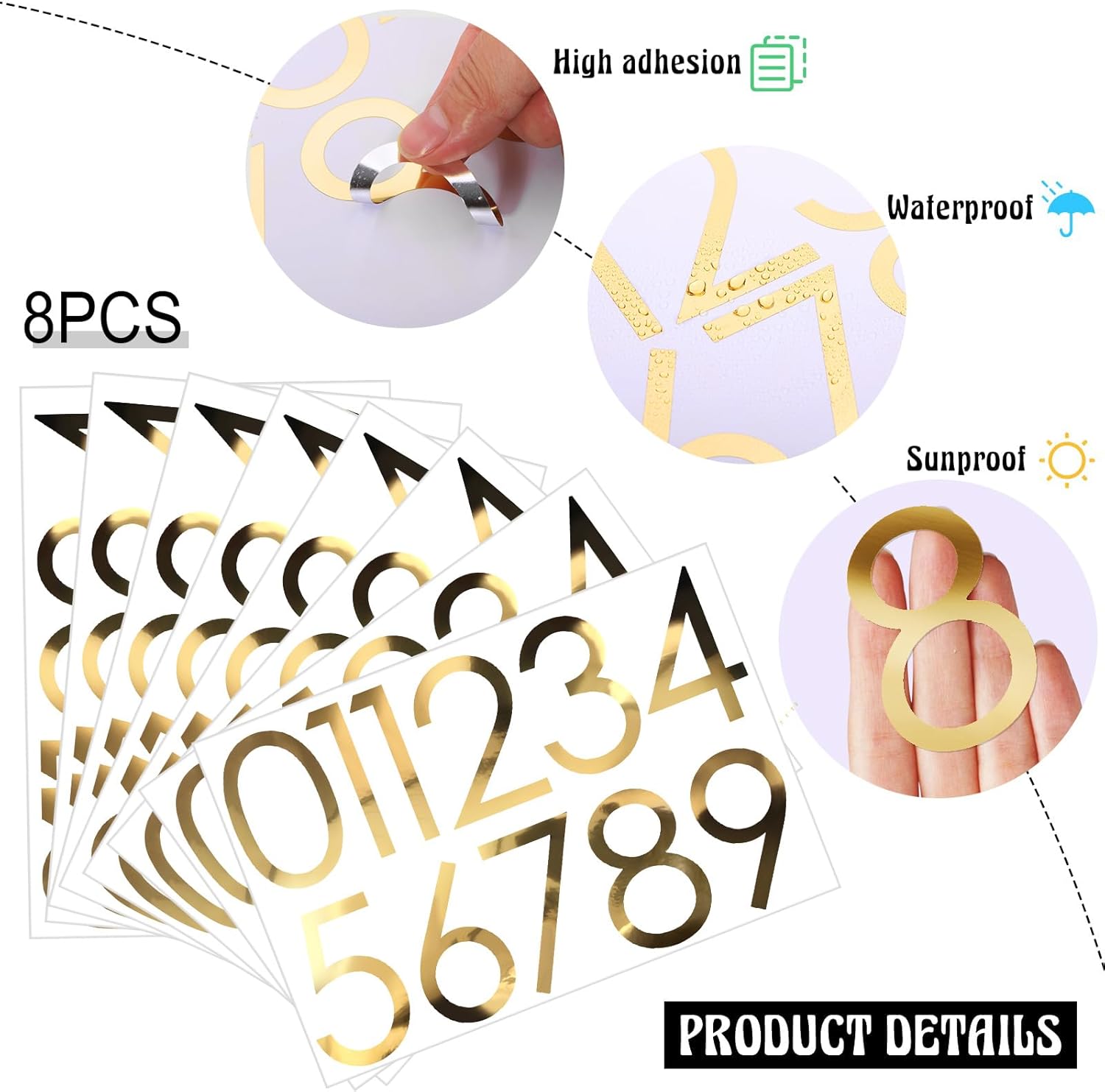Zonon 88 Pieces 8 Sheets Vinyl Number Stickers Mailbox Self Adhesive Waterproof Numbers for Mailbox Sign Window Door Cars Trucks Home Business Address(3 Inch,Gold)