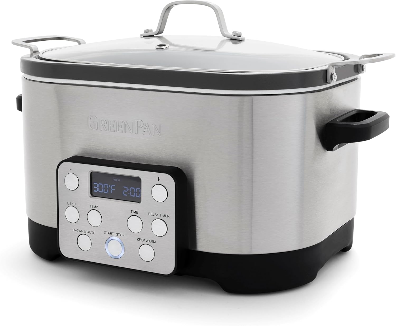 GreenPan Electric 6QT Slow Cooker with Lid, Ceramic Nonstick PFAS-Free Removable Pot, 5-in-1 Multifunction Design, In-Pot-Browning, Keep Warm, Dishwasher & Oven Safe Inner Bowl, Stainless Steel