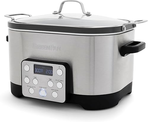GreenPan Olla de cocción lenta eléctrica de 6 cuartos con tapa, olla extraíble antiadherente de cerámica sin PFAS, diseño multifunción 5 en 1,