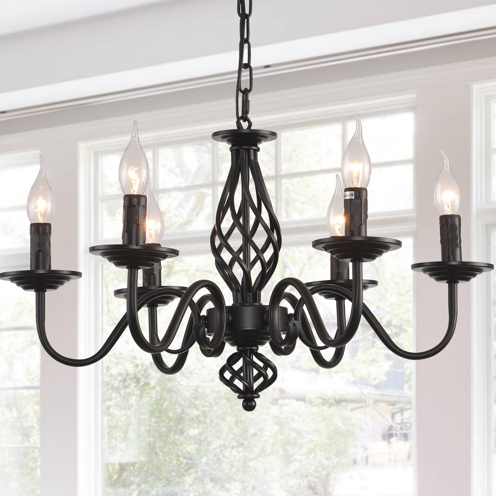 Lámpara de araña tradicional country, candelabro de hierro forjado ajustable en altura vintage negro, lámpara de techo de 6 luces lámpara colgante clásica para cocina, comedor, sala de estar