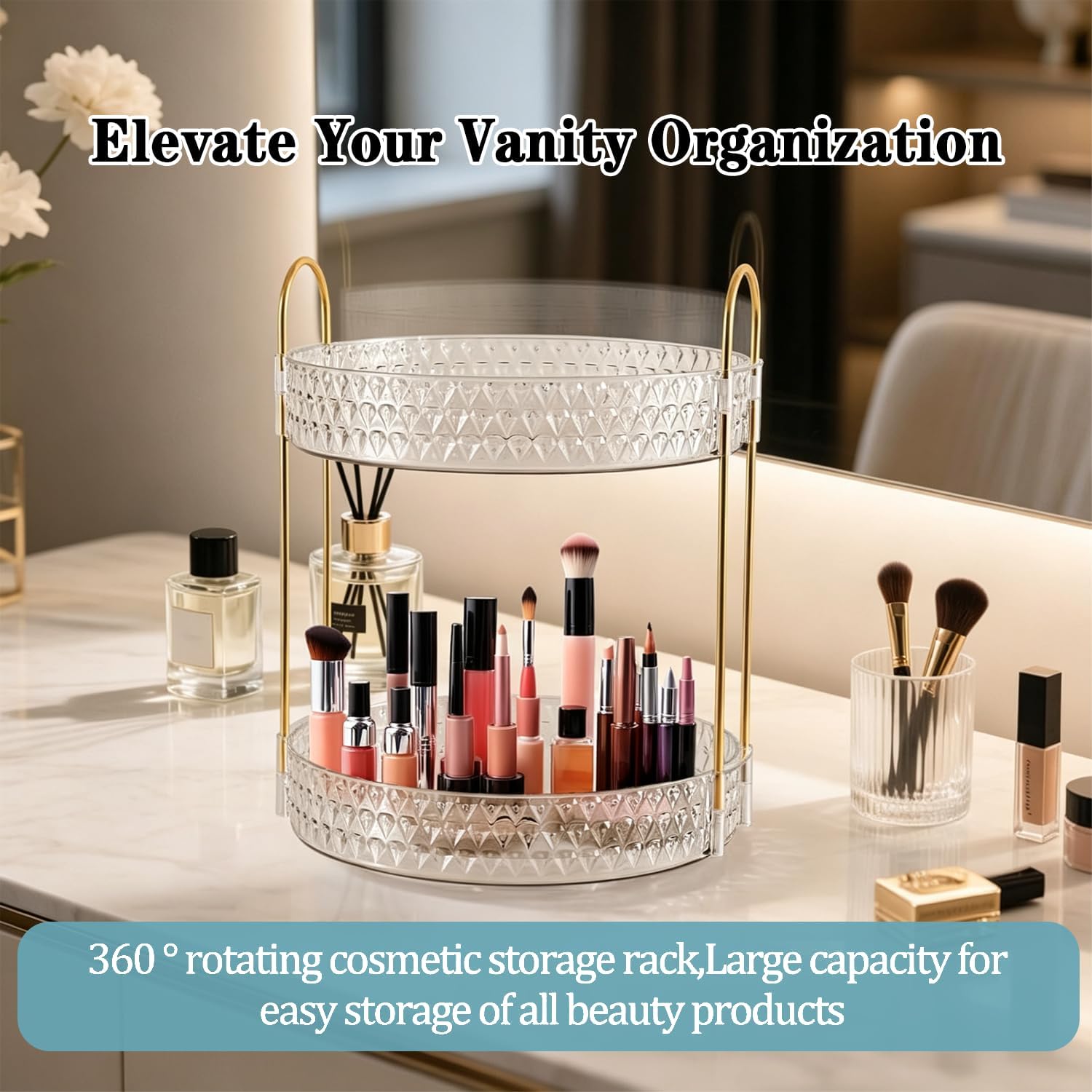 360 Rotating Makeup Organizer for Vanity | 2 Tier Large Capacity Skincare Organizers,Bathroom Counter Organizer, Multi-Function Vanity Bathroom Countertop Organizer