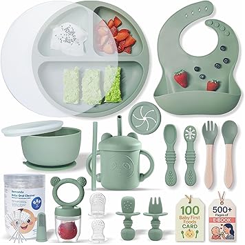 Remonda 23-Piece BPA-Free Silicone Baby Feeding Set | Extra Large Suction Plates, Toddler Bowls, Self Feeding Spoons, and More | Dishwasher Safe| Baby Led Weaning Supplies (Green)