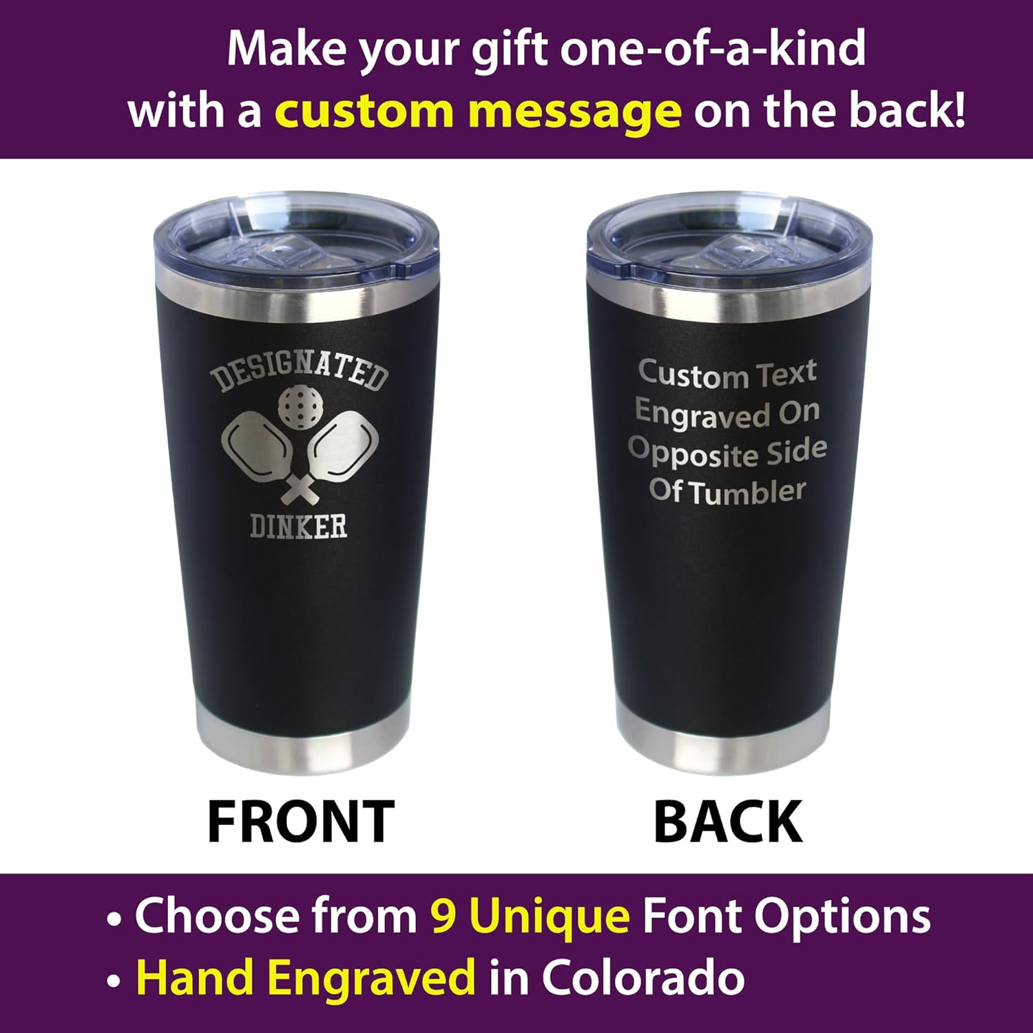 Custom Designated Dinker - Personalized Insulated Coffee Tumbler Cup with Sliding Lid - Stainless Steel Insulated Mug - Funny Pickleball Themed Gifts and Decor