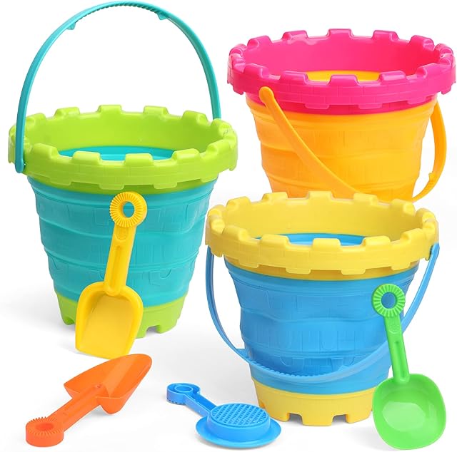 Silicon Castle Beach Buckets Folding Rubber Pails Set Large Sand Toy Multi Functions Pails Kit Easy Stock Tool Household Cleaning for Camping, Travelling, Fishing, Beach Toys,Car Window Washing