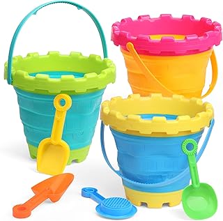 Jumbo Castle Beach Collapsible Buckets Sand Toys for Kids Adults, Silicon Pails Buckets with Shovels Rake Trowel Sifter, Large Folding Bucket Rubber Pails for Camping, Travelling, Fishing,Car Washing