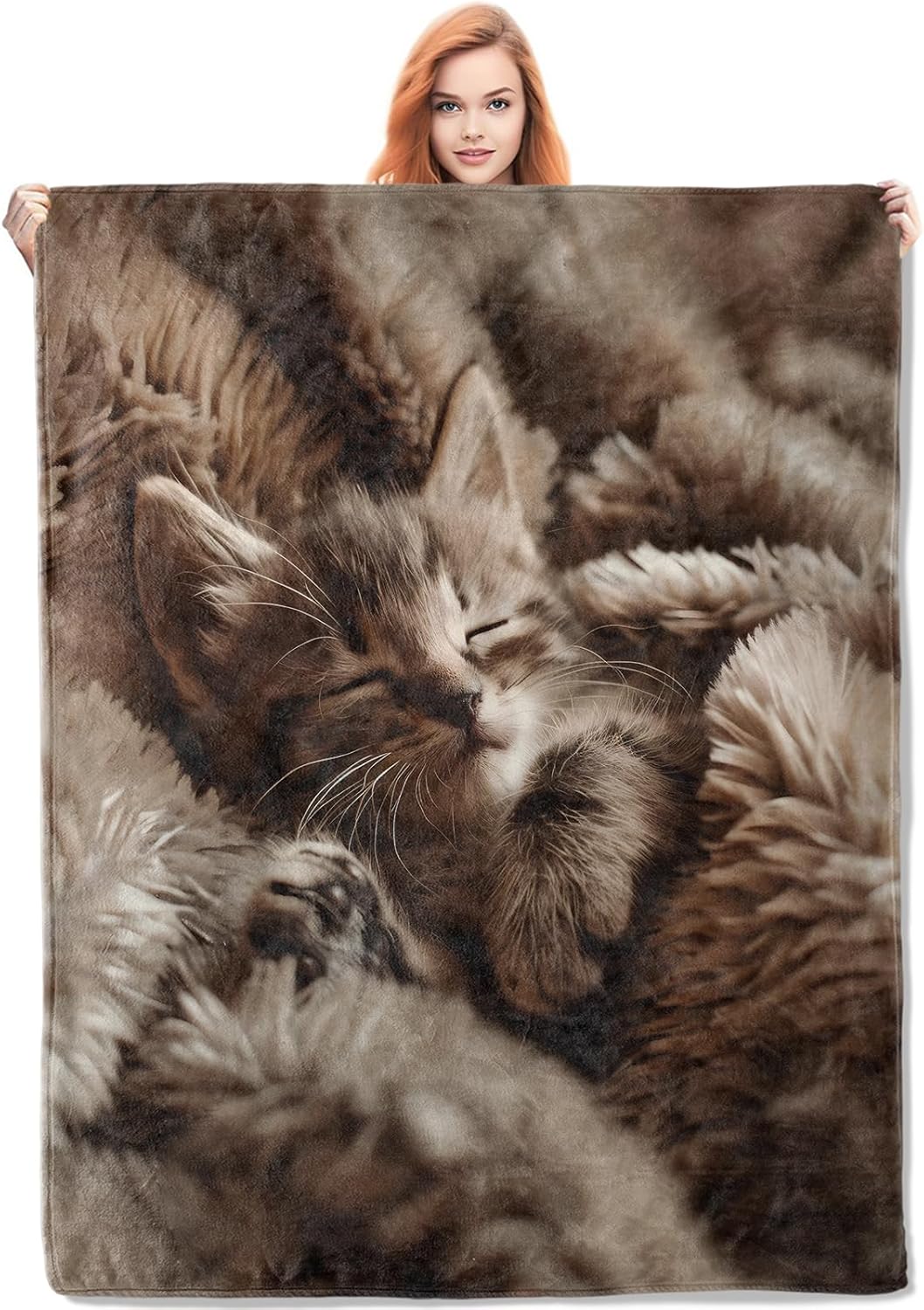 sleeping kitten blanket gifts for women, animal cat flannel blanket, soft warm lightweight throw blankets for bed couch home travel decor 50" x 60" color592 50"x60"