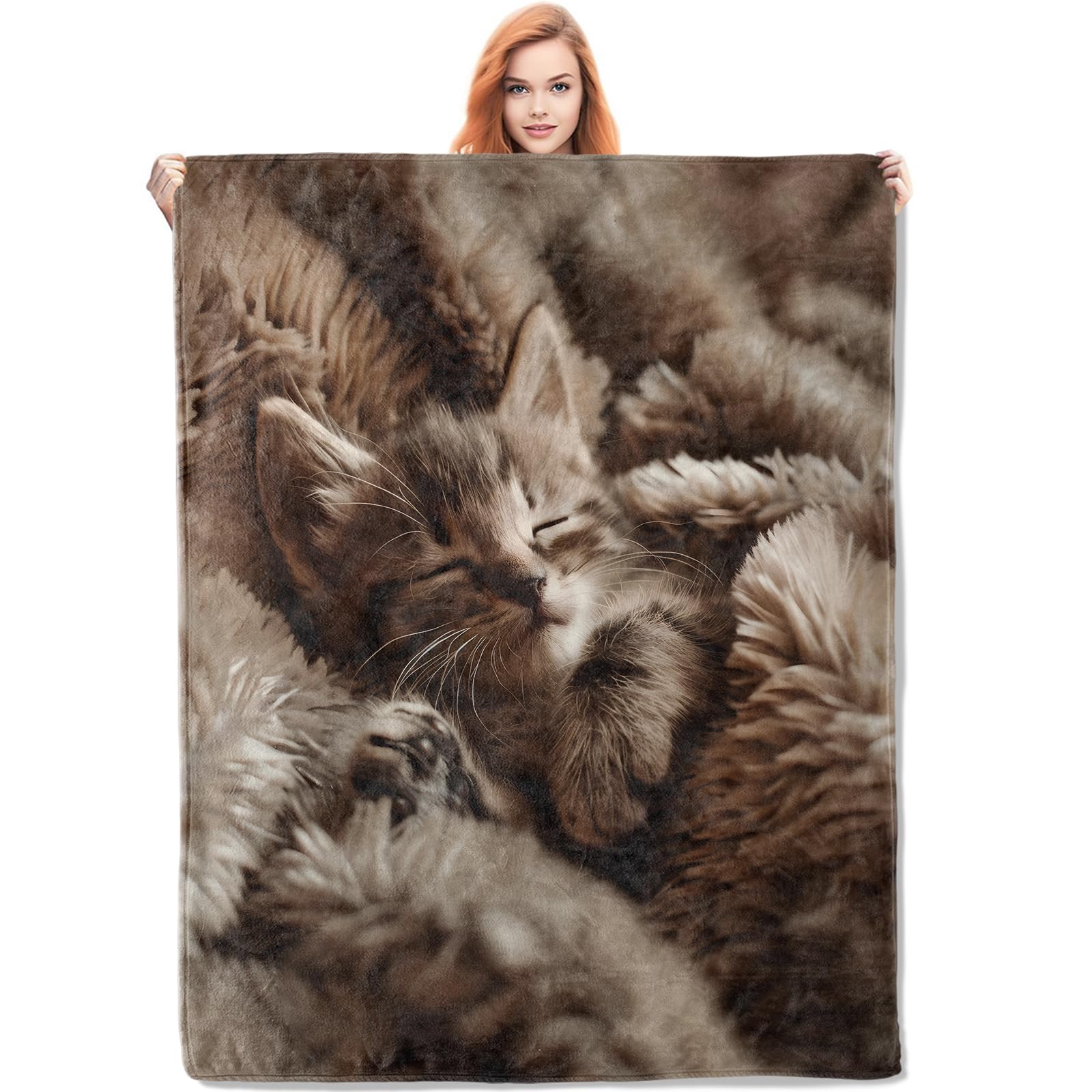 VANZEV Sleeping Kitten Blanket Gifts for Women, Animal Cat Flannel Blanket, Soft Warm Lightweight Throw Blankets for Bed Couch Home Travel Decor 50" x