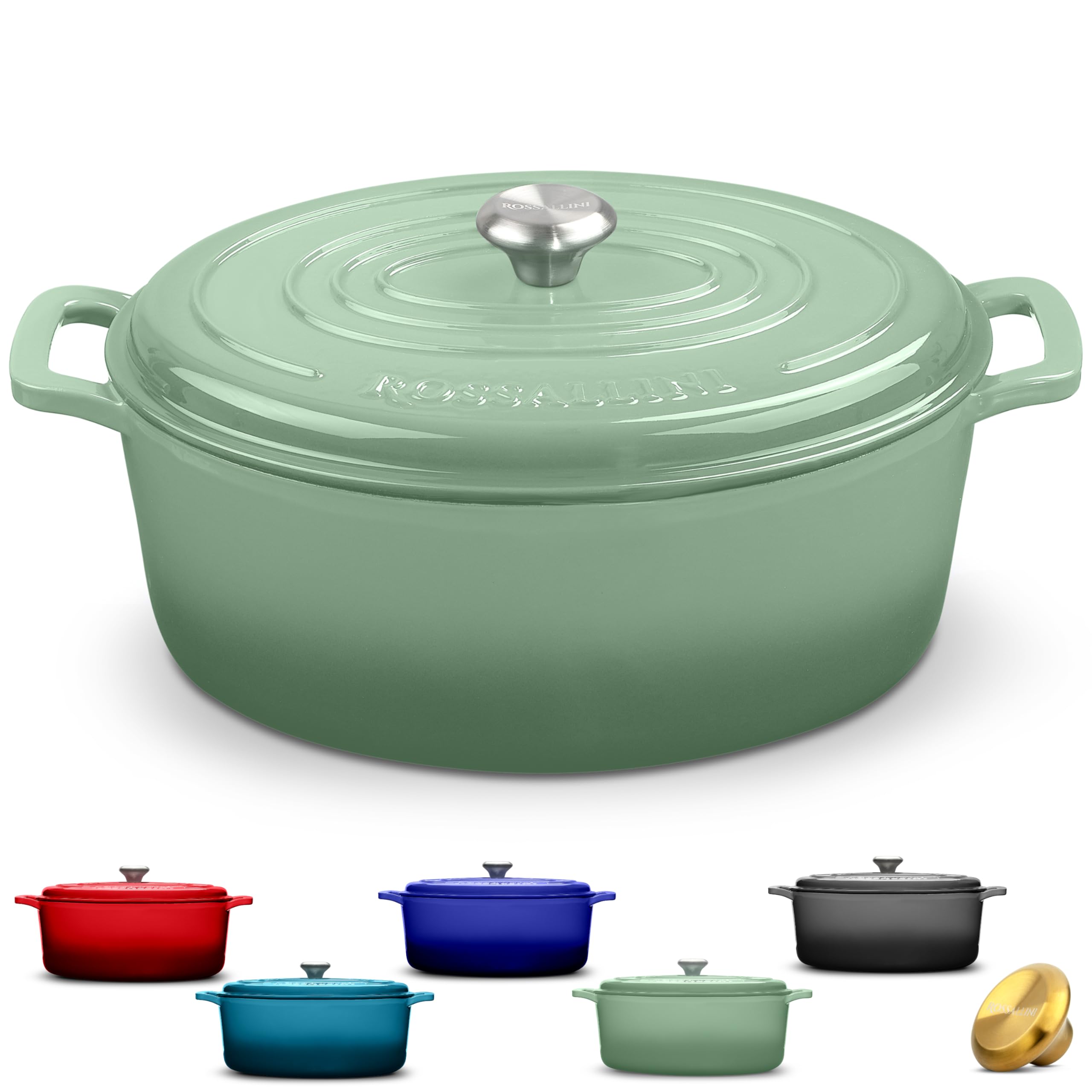 ROSSALLINI Signature Enameled Cast Iron Oval Dutch Oven | Non-Stick Serving Pot with Tight Fitting Lid for Perfect Roasting, Baking, Sauteing, and