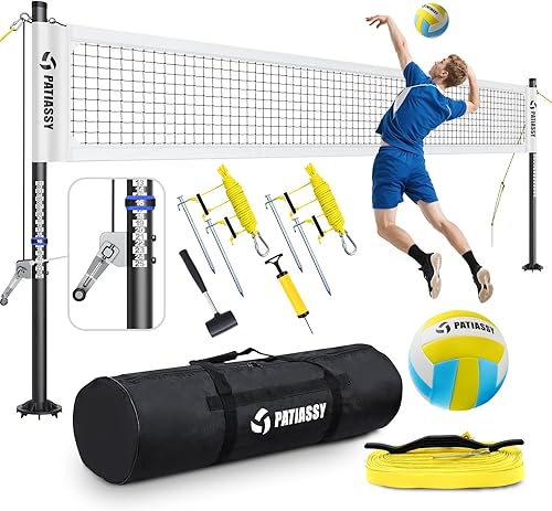Miniatura 14 de Juego de red de voleibol profesional portátil para exteriores con postes de aluminio de altura ajustable, sistema de cabrestante, voleibol con bomba