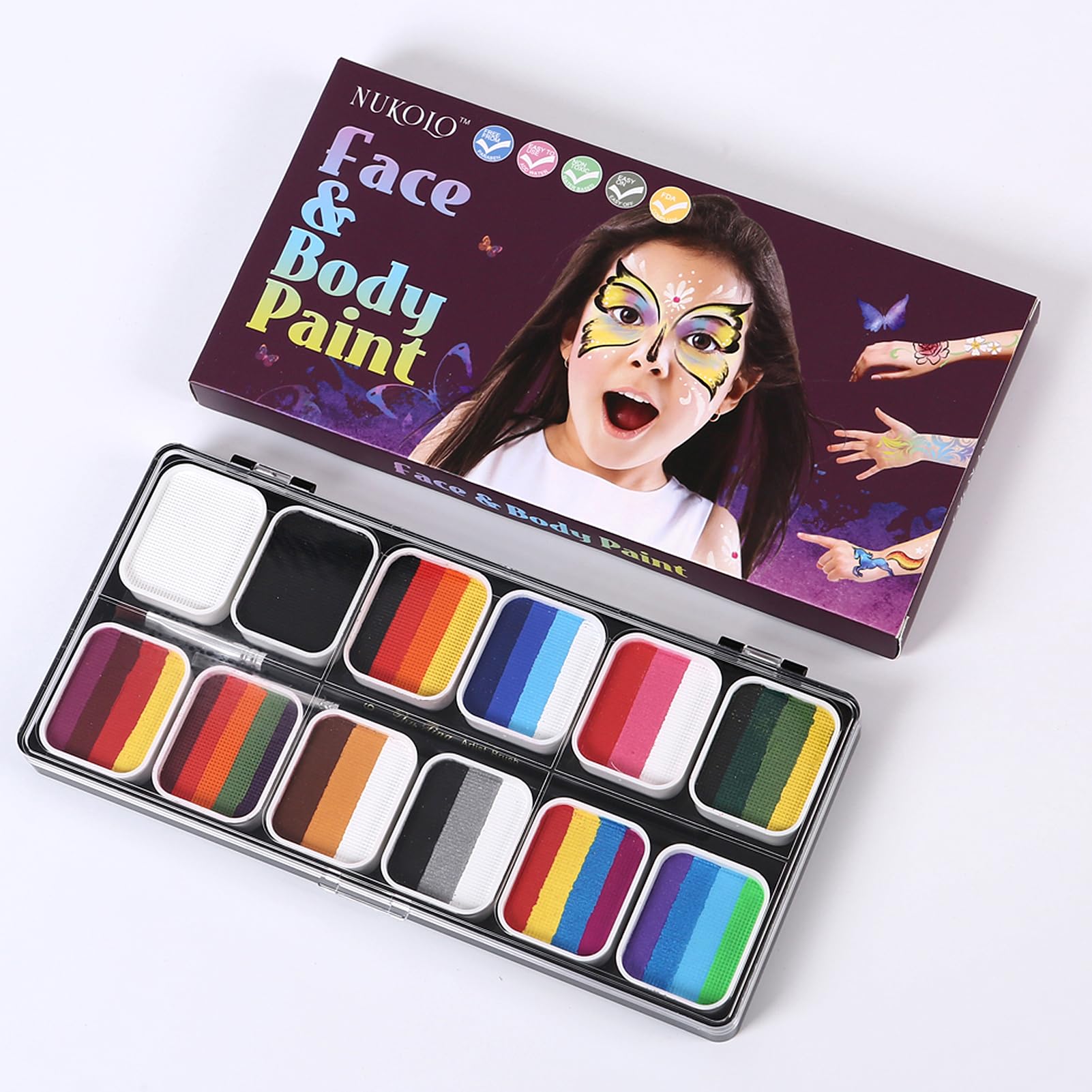 Kit de maquillage facial à activation par eau Palette professionnelle Split Cakes avec 3 pinceaux Sûr non et corporel pour Halloween Cosplay