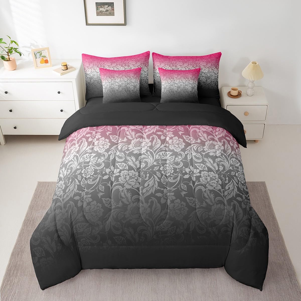 Feelyou Ombre Effects Comforter Set Full Size 7 Pieces Damask Pattern Bedding Set Rose Black Ombre Modern Bed in a Bag with Comforter, Sheets, Pillowcases & Cushion Cover Abstract Art Design Bed Set