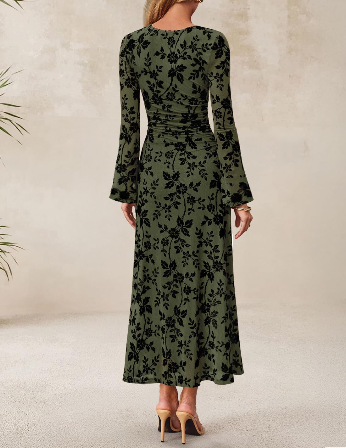 ZESICA Women's Long Sleeve Floral Bodycon Dress 2026 Spring Fall Ruched Mesh Wedding Guest Cocktail Party Maxi Dresses - Image 4