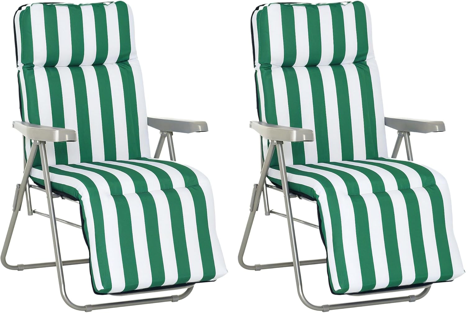 Outsunny Sedia Sdraio da Spiaggia da 2 Pezzi Pieghevole e Reclinabile, Lettini Prendisole da Giardino con Cuscino Imbottito, Verde e Bianco