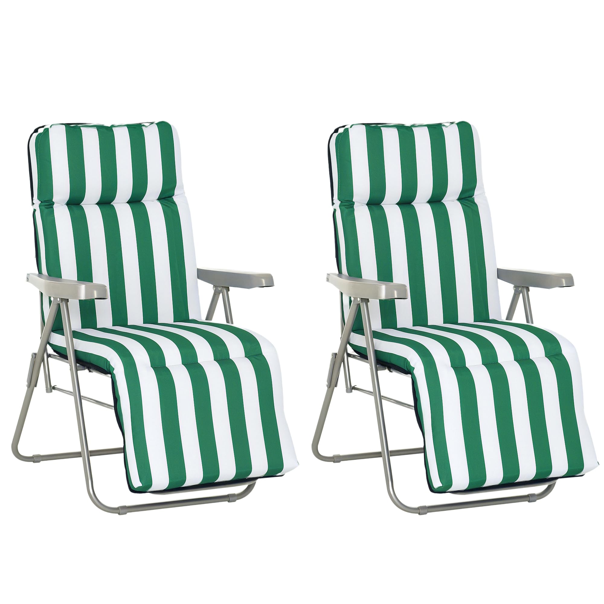 Outsunny Sedia Sdraio da Spiaggia da 2 Pezzi Pieghevole Verde e Bianco | Lettini Prendisole, Sdraio da Giardino, Reclinabile, con Cuscino Imbottito