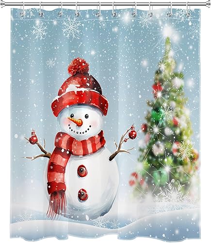 Miniatura 10 de Juego de cortina de ducha de muñeco de nieve azul con árbol de Navidad y copo de nieve en la escena de la nieve, juego de cortinas de ducha con