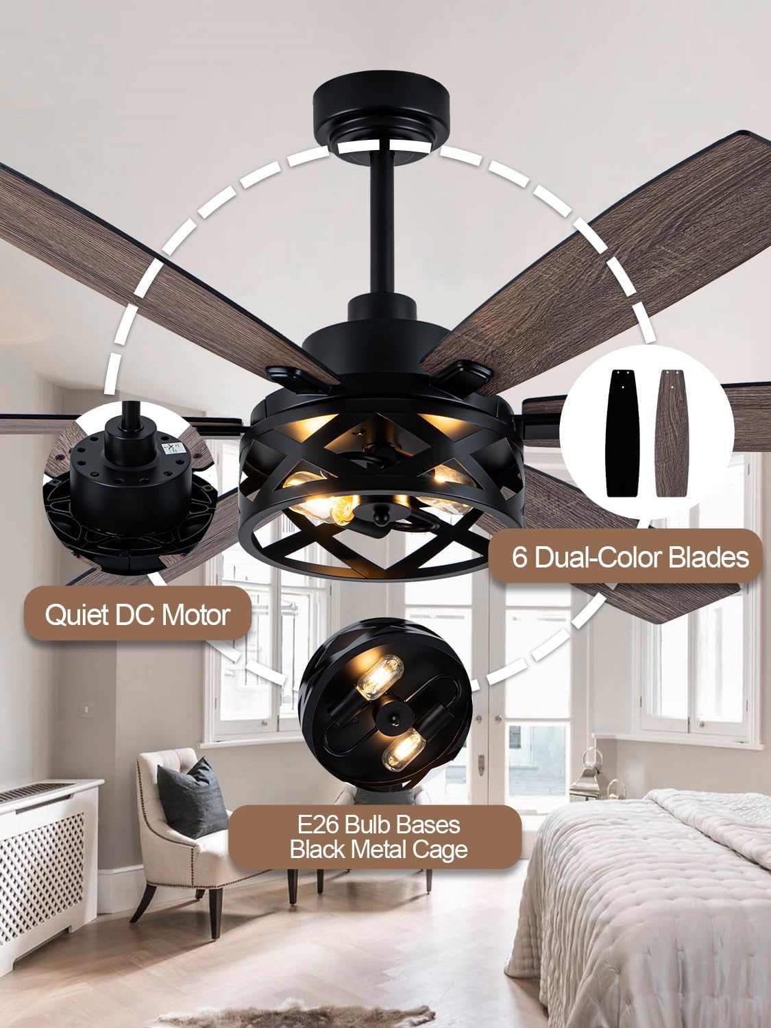 60 Inch Farmhouse Ceiling Fan with Lights Large Rustic Ceiling Fan Black Caged Fandelier Chandelier Light for Living Room Indoor Outdoor, Reversible DC Motor, 2 E26 Bulbs (Not Included)