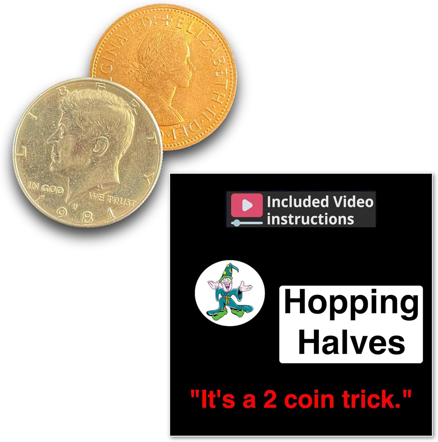 Ted's Sterling Magic Hopping Halves Sun and Moon, Half Dollar and English Penny Coin Trick (Non-expanded Shell)