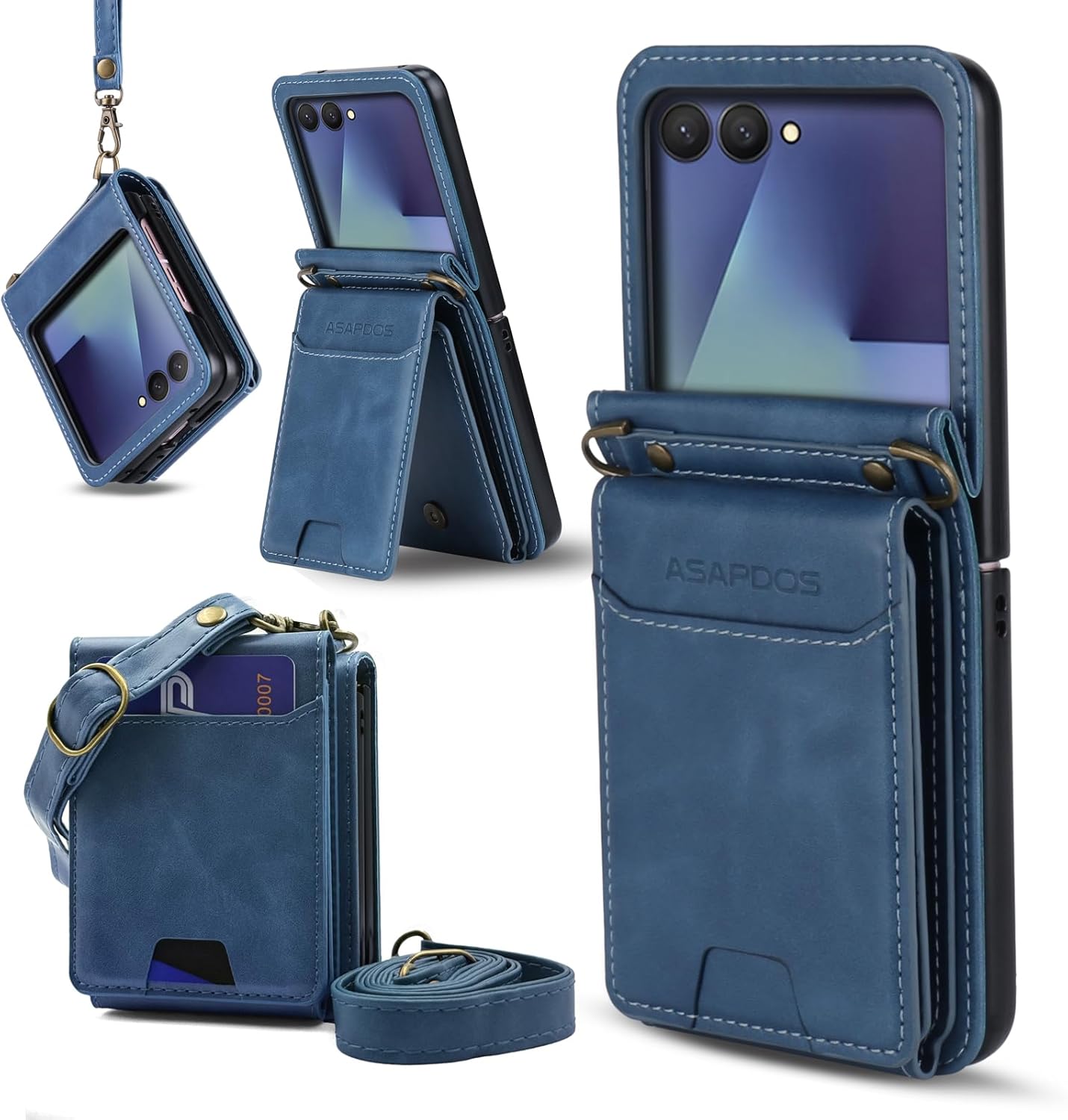 ASAPDOS for Samsung Galaxy Z Flip 7 PU Leather Wallet Phone Case with Card Slots (Holds 5-7 Cards), Anti-Drop Protection, Wrist & Shoulder Strap Blue