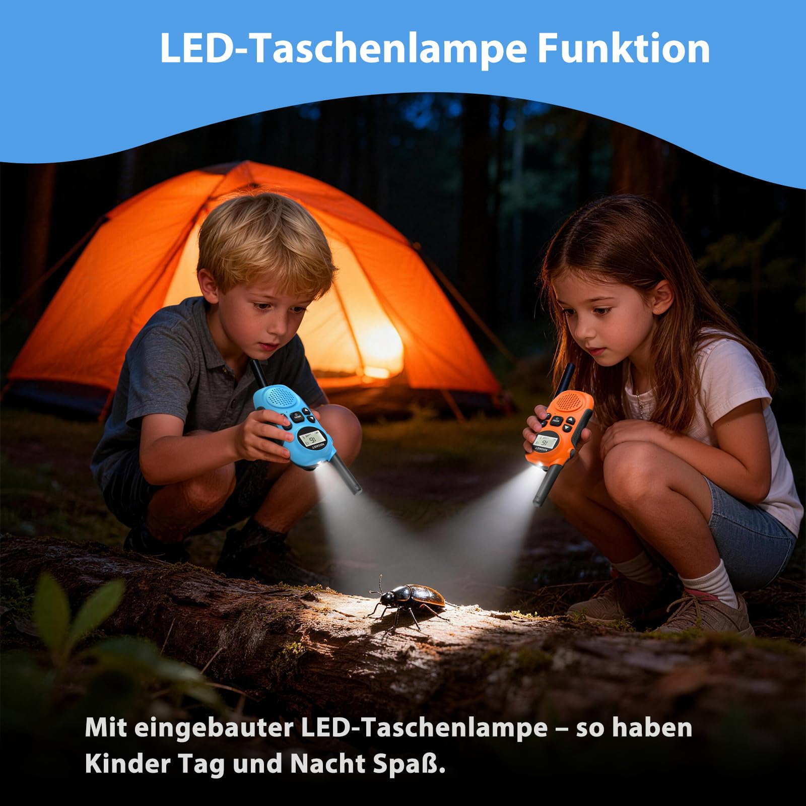 NXGKET Walkie Talkies für Kinder - Spielzeug 3-12 Jahren Junge, Funkgerät Set mit Taschenlampe, 3KM Große Reichweite, 16 Kanal Walkie Talkie für Abenteuer im Freien, Camping, Wandern– 3er Set