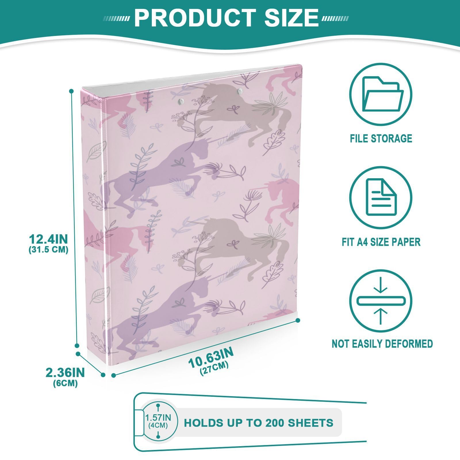 SKYSHU Pink Horse - Raccoglitori a 3 anelli rotondi con 3 tasche interne trasparenti in PVC, impermeabili, robusti, con clip in metallo antiscivolo, raccoglitori versatili per 200 fogli, confezione da