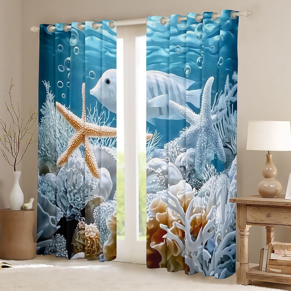Lot de 2 rideaux de fenêtre pour adultes et enfants - Taille XL - Blanc corail - Bon rideau occultant - Marine Life - Océan bleu - 245 x 140 cm