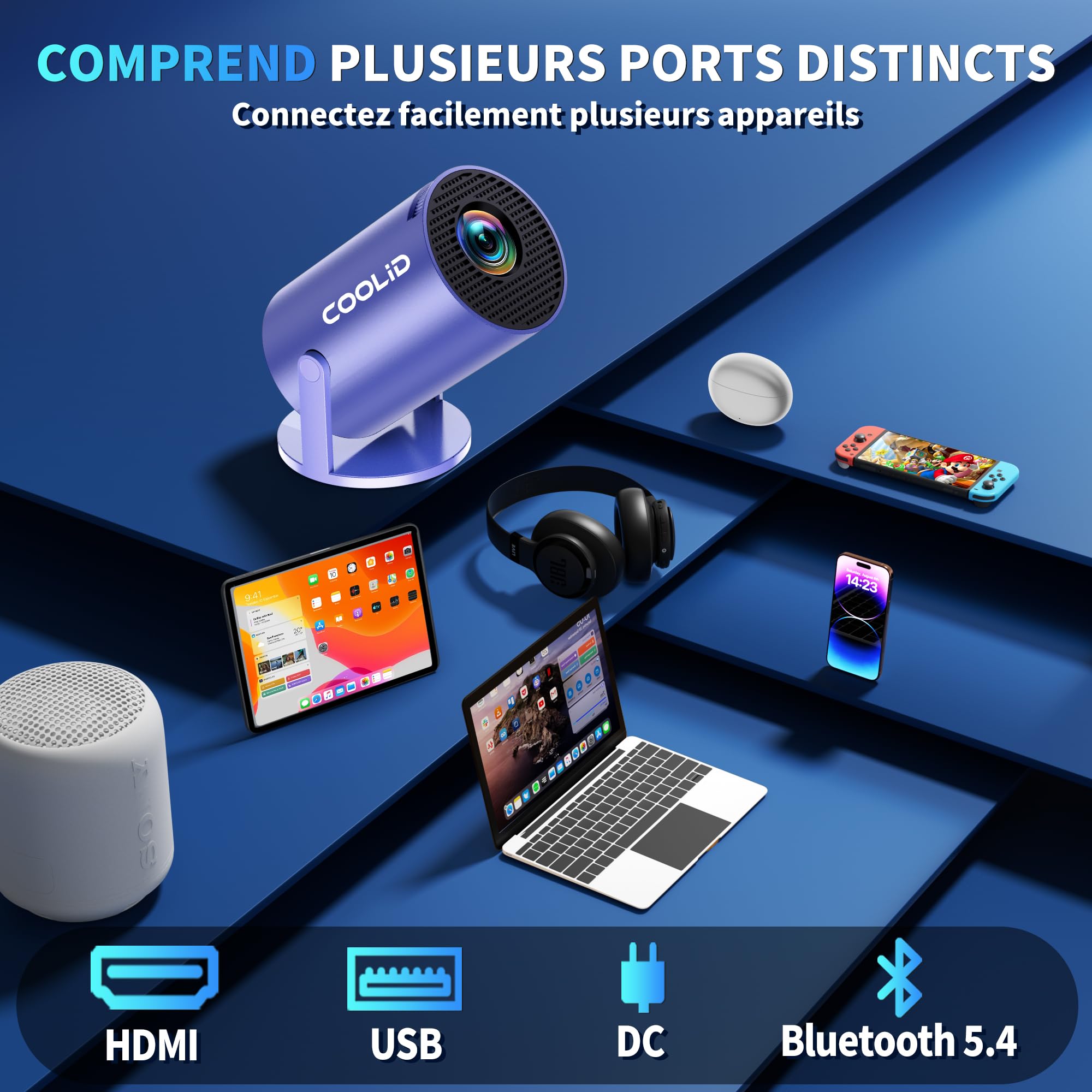 [Apps intégrées & 2026 Upgraded] Mini Vidéoprojecteur Supporte 4K 1080P avec 5G WiFi 6 Et BT 5.2 Le Projecteur Soutien Rotation 180° Portable Projecteur Video Applicable Laptop/HDMI/TV Stick,Violet
