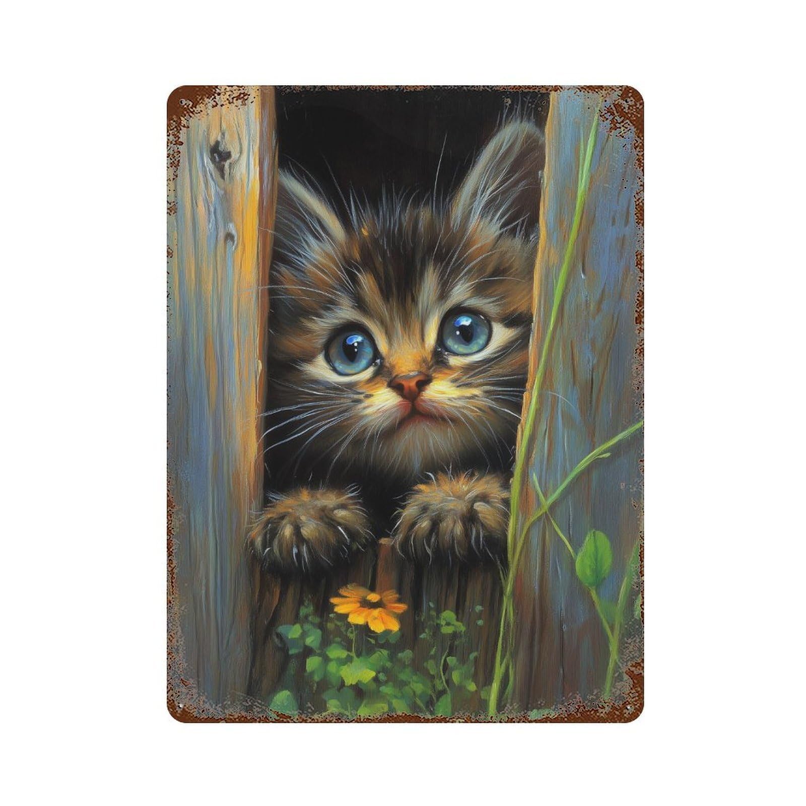 Garage Style Curious Kitten Peeking Through Fence Decorative Tin Sign 15.7"x11.8", Retro Wall Decor for Bar And Workshop